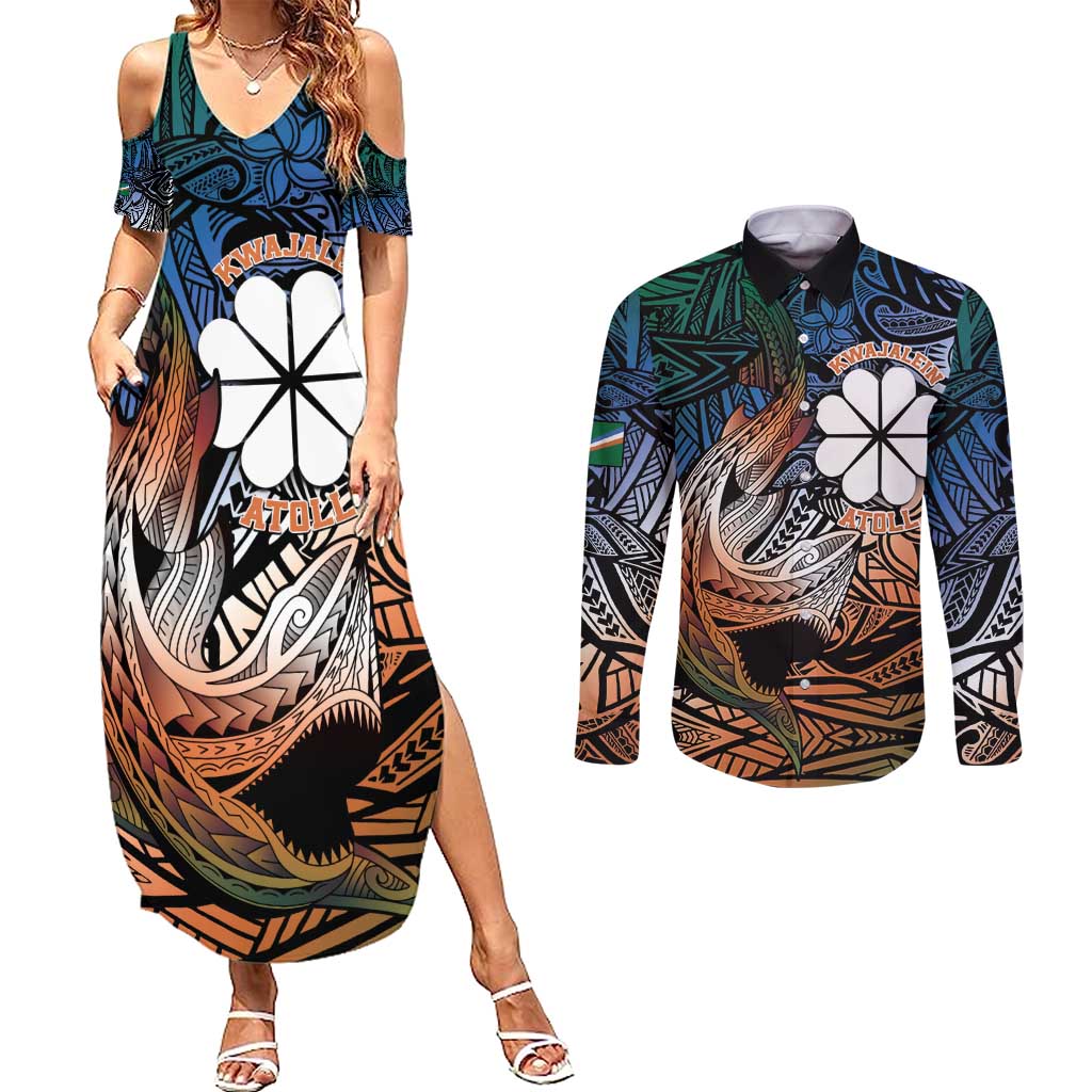 Personalised Kwajalein Atoll Couples Matching Summer Maxi Dress and Long Sleeve Button Shirt Polynesian Shark Tattoo Gradient Vibes LT14 Black - Polynesian Pride