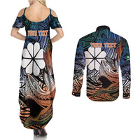 Personalised Kwajalein Atoll Couples Matching Summer Maxi Dress and Long Sleeve Button Shirt Polynesian Shark Tattoo Gradient Vibes LT14 - Polynesian Pride