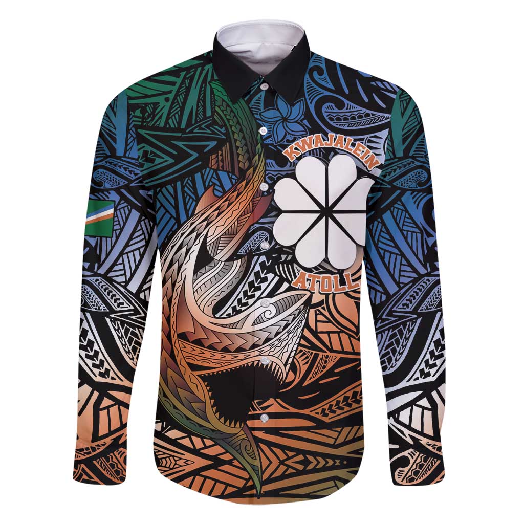 Personalised Kwajalein Atoll Family Matching Long Sleeve Bodycon Dress and Hawaiian Shirt Polynesian Shark Tattoo Gradient Vibes LT14 Dad's Shirt - Long Sleeve Black - Polynesian Pride