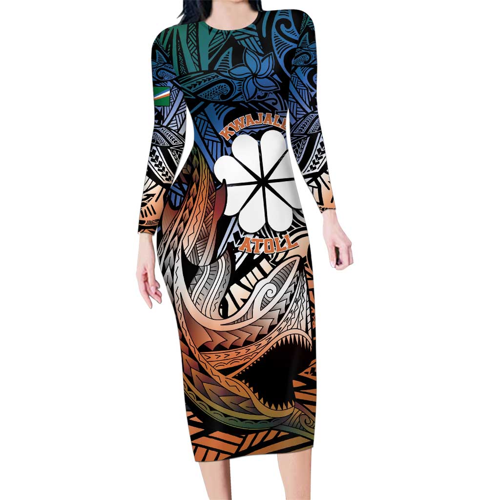 Personalised Kwajalein Atoll Family Matching Long Sleeve Bodycon Dress and Hawaiian Shirt Polynesian Shark Tattoo Gradient Vibes LT14 Mom's Dress Black - Polynesian Pride