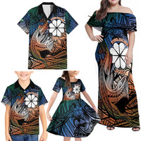 Personalised Kwajalein Atoll Family Matching Off Shoulder Maxi Dress and Hawaiian Shirt Polynesian Shark Tattoo Gradient Vibes LT14 - Polynesian Pride