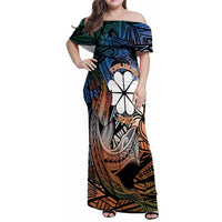 Personalised Kwajalein Atoll Family Matching Off Shoulder Maxi Dress and Hawaiian Shirt Polynesian Shark Tattoo Gradient Vibes LT14 Mom's Dress Black - Polynesian Pride