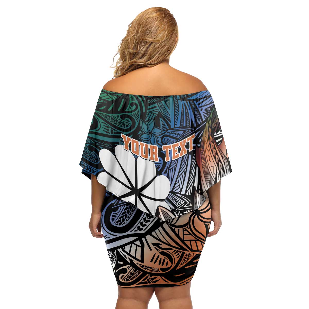 Personalised Kwajalein Atoll Family Matching Off Shoulder Short Dress and Hawaiian Shirt Polynesian Shark Tattoo Gradient Vibes