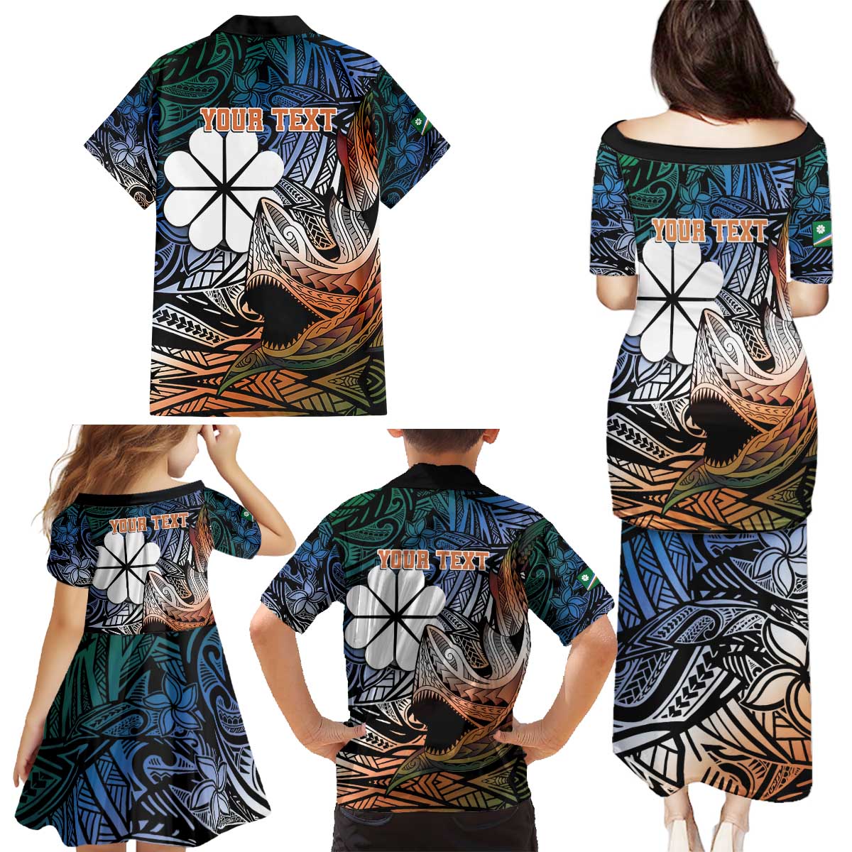 Personalised Kwajalein Atoll Family Matching Puletasi and Hawaiian Shirt Polynesian Shark Tattoo Gradient Vibes LT14 - Polynesian Pride
