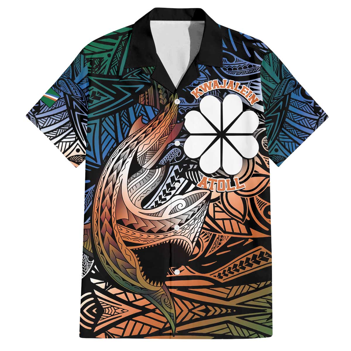 Personalised Kwajalein Atoll Family Matching Puletasi and Hawaiian Shirt Polynesian Shark Tattoo Gradient Vibes LT14 Dad's Shirt - Short Sleeve Black - Polynesian Pride