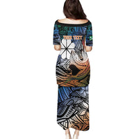 Personalised Kwajalein Atoll Family Matching Puletasi and Hawaiian Shirt Polynesian Shark Tattoo Gradient Vibes LT14 - Polynesian Pride