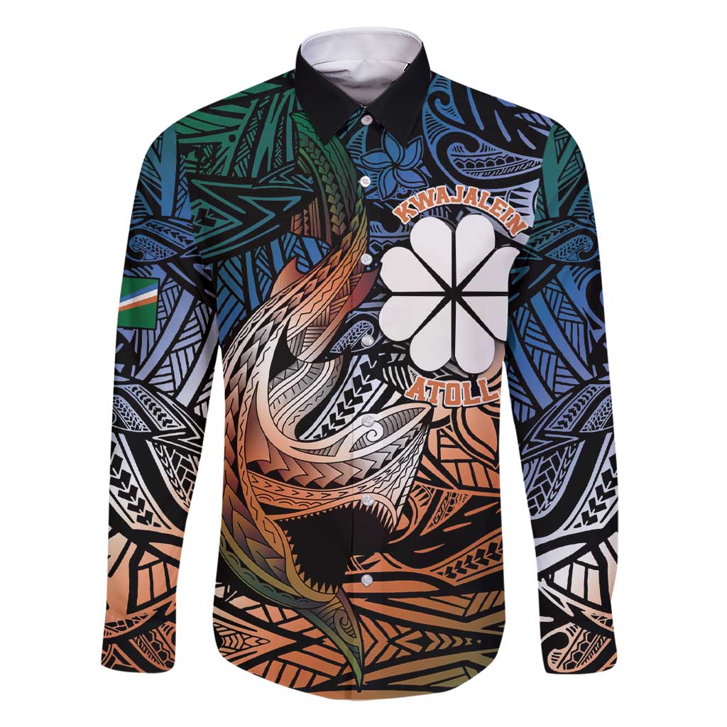 Personalised Kwajalein Atoll Family Matching Short Sleeve Bodycon Dress and Hawaiian Shirt Polynesian Shark Tattoo Gradient Vibes LT14 Dad's Shirt - Long Sleeve Black - Polynesian Pride
