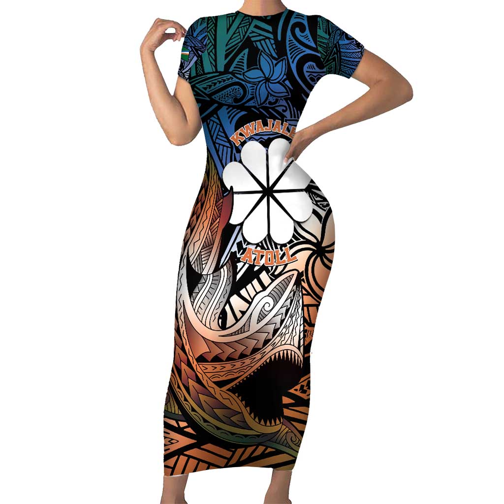 Personalised Kwajalein Atoll Family Matching Short Sleeve Bodycon Dress and Hawaiian Shirt Polynesian Shark Tattoo Gradient Vibes LT14 Mom's Dress Black - Polynesian Pride