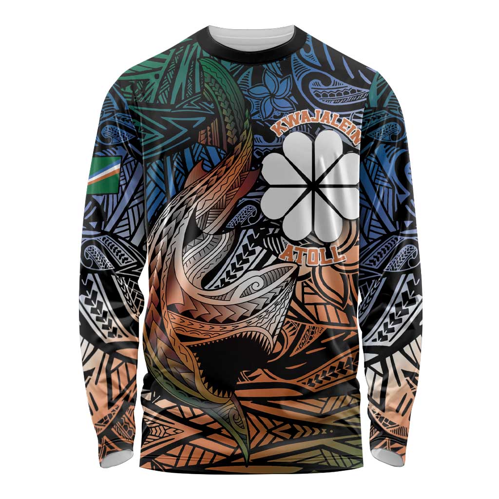 Personalised Kwajalein Atoll Long Sleeve Shirt Polynesian Shark Tattoo Gradient Vibes