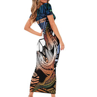 Personalised Kwajalein Atoll Short Sleeve Bodycon Dress Polynesian Shark Tattoo Gradient Vibes