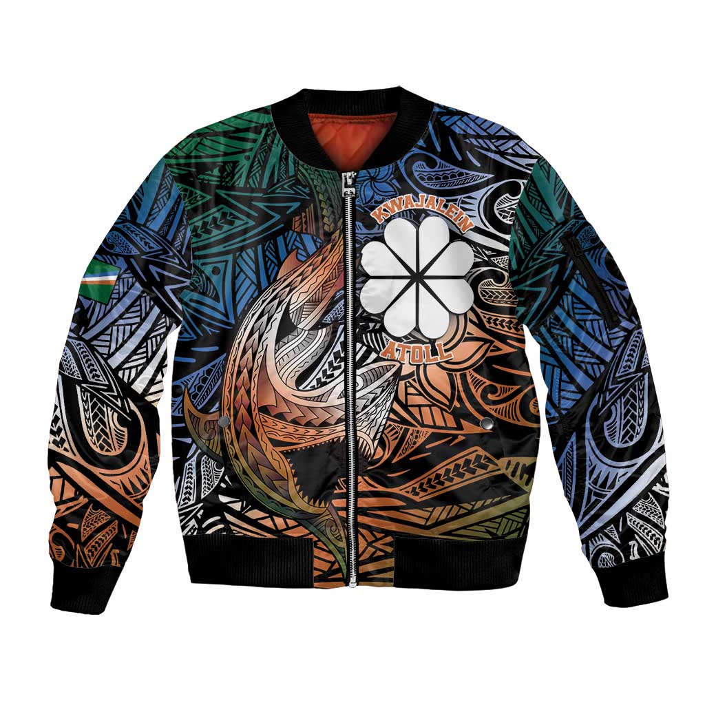 Personalised Kwajalein Atoll Sleeve Zip Bomber Jacket Polynesian Shark Tattoo Gradient Vibes