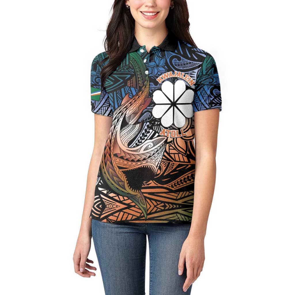Personalised Kwajalein Atoll Women Polo Shirt Polynesian Shark Tattoo Gradient Vibes