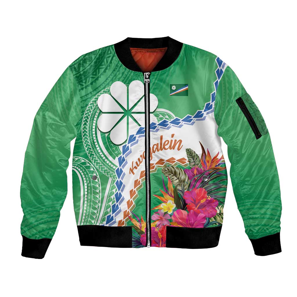 Marshall Islands Kwajalein Atoll Sleeve Zip Bomber Jacket Curves Polynesian Mix Tropical Flowers