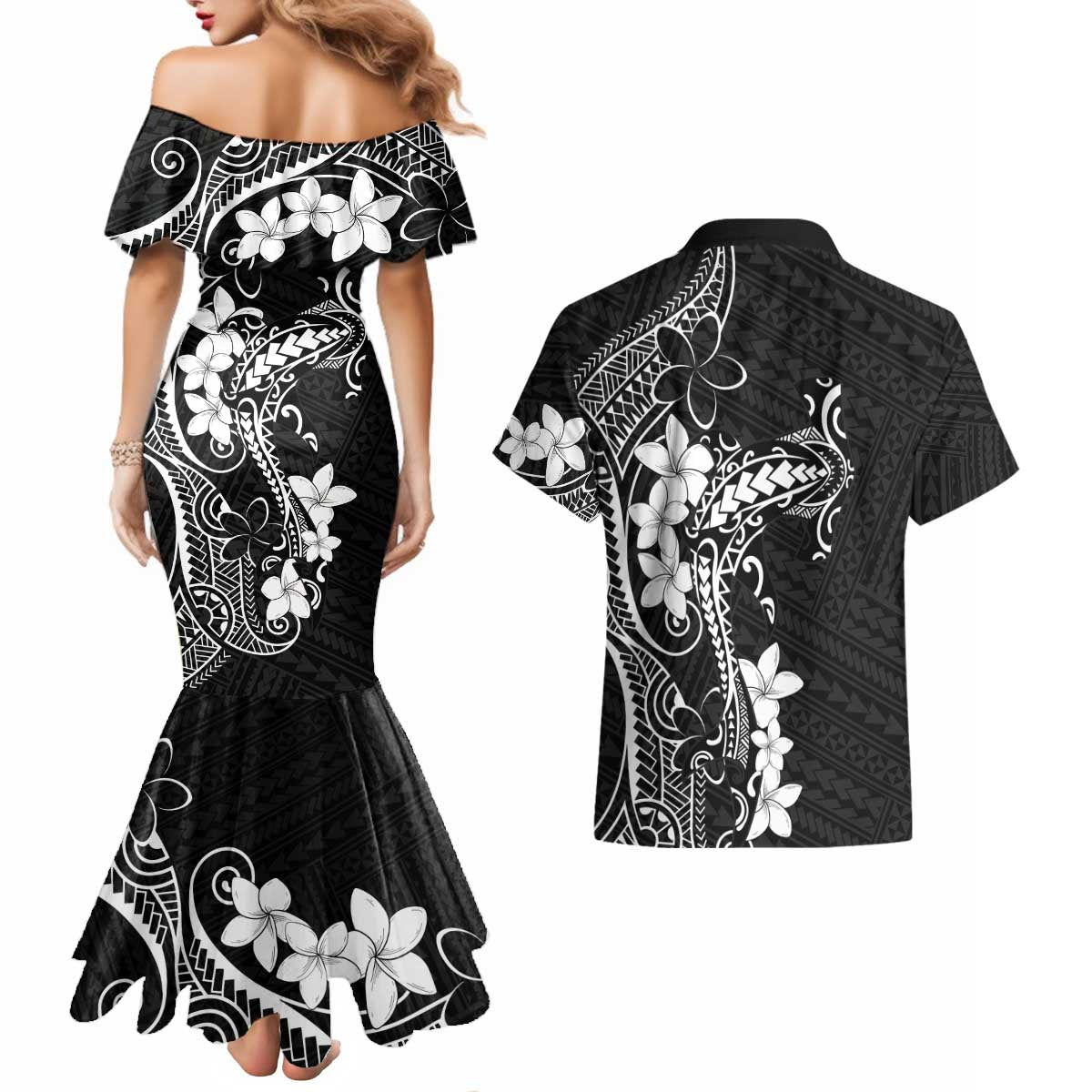 Black Hawaii Couples Matching Mermaid Dress and Hawaiian Shirt Hammerhead Shark Tattoo Curve Polynesian - Polynesian Pride