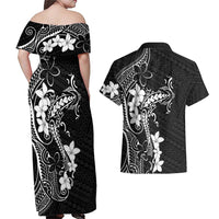 Black Hawaii Couples Matching Off Shoulder Maxi Dress and Hawaiian Shirt Hammerhead Shark Tattoo Curve Polynesian - Polynesian Pride