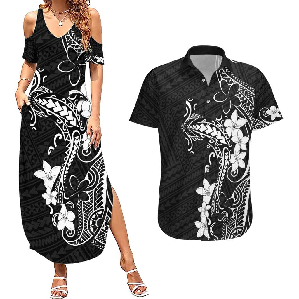 Black Hawaii Couples Matching Summer Maxi Dress and Hawaiian Shirt Hammerhead Shark Tattoo Curve Polynesian - Polynesian Pride