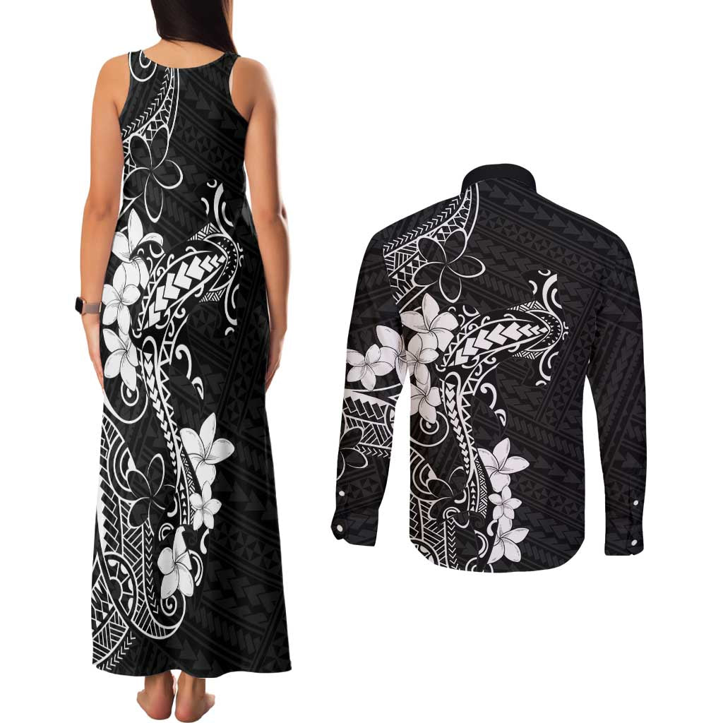 Black Hawaii Couples Matching Tank Maxi Dress and Long Sleeve Button Shirt Hammerhead Shark Tattoo Curve Polynesian - Polynesian Pride