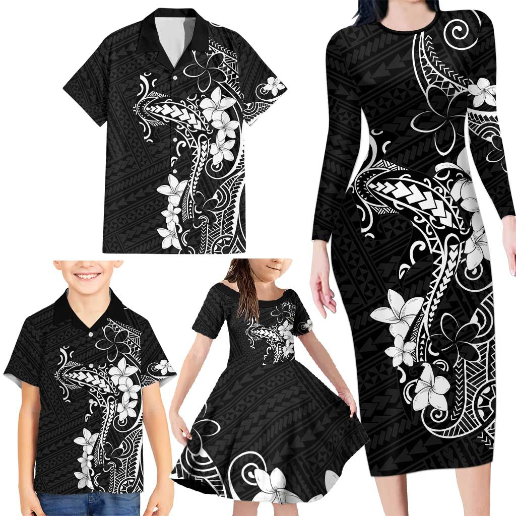 Black Hawaii Family Matching Long Sleeve Bodycon Dress and Hawaiian Shirt Hammerhead Shark Tattoo Curve Polynesian - Polynesian Pride