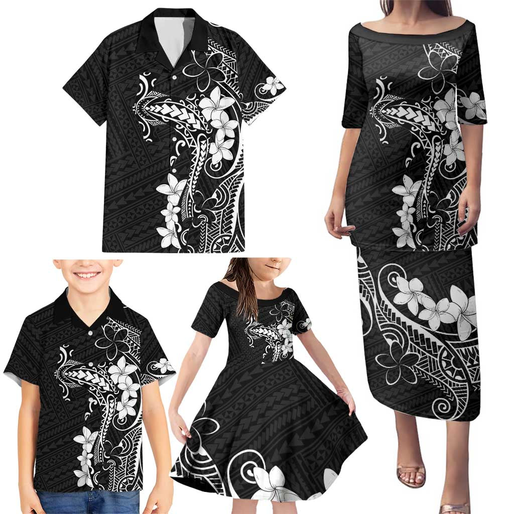 Black Hawaii Family Matching Puletasi and Hawaiian Shirt Hammerhead Shark Tattoo Curve Polynesian - Polynesian Pride