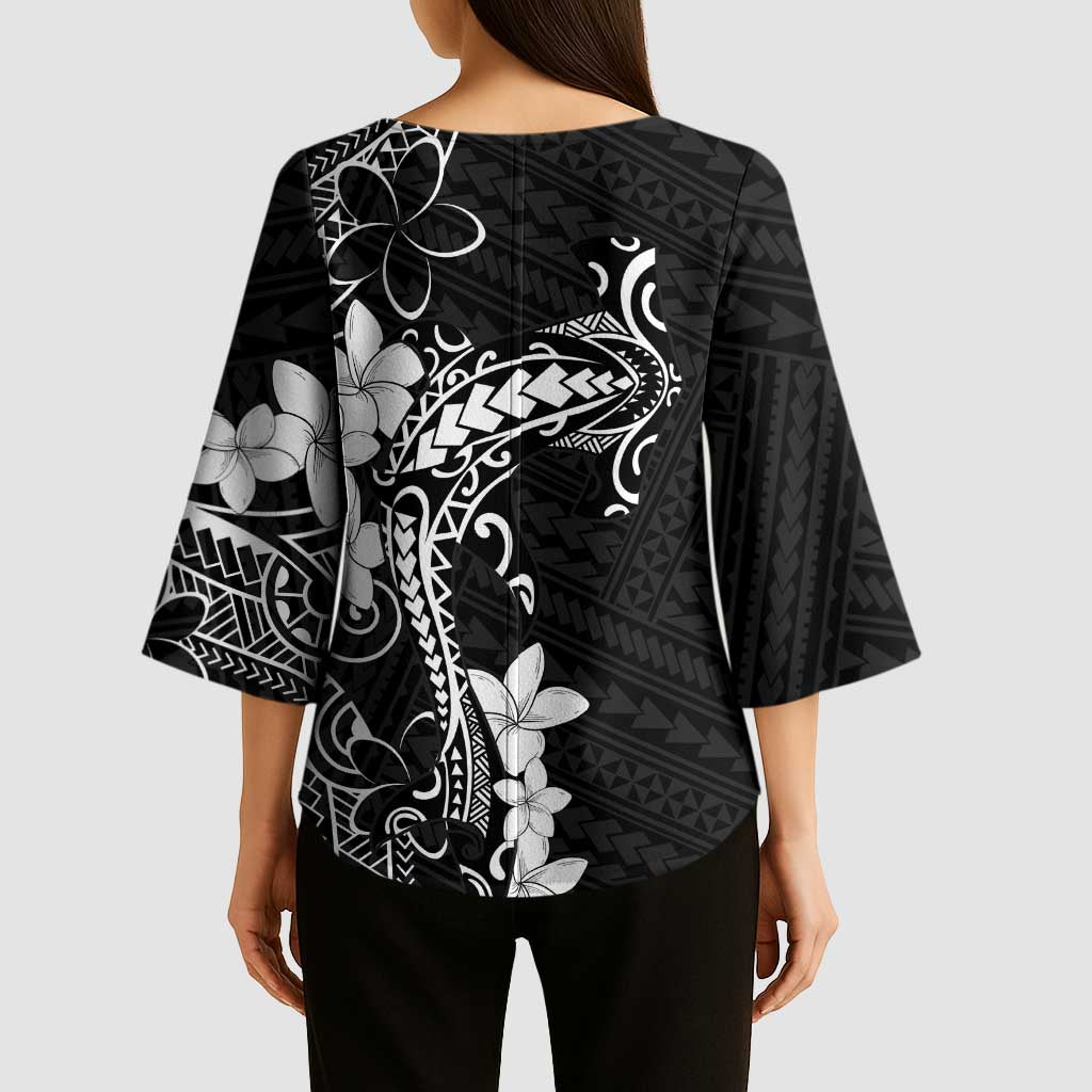 Black Hawaii Kimono Sleeve Blouse Hammerhead Shark Tattoo Curve Polynesian - Polynesian Pride