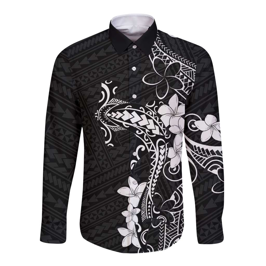 Black Hawaii Long Sleeve Button Shirt Hammerhead Shark Tattoo Curve Polynesian - Polynesian Pride