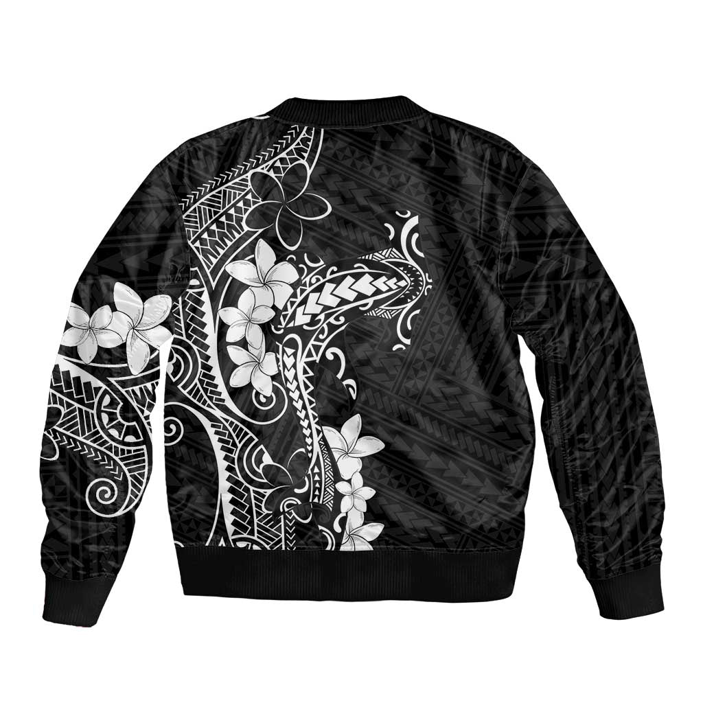 Black Hawaii Sleeve Zip Bomber Jacket Hammerhead Shark Tattoo Curve Polynesian - Polynesian Pride