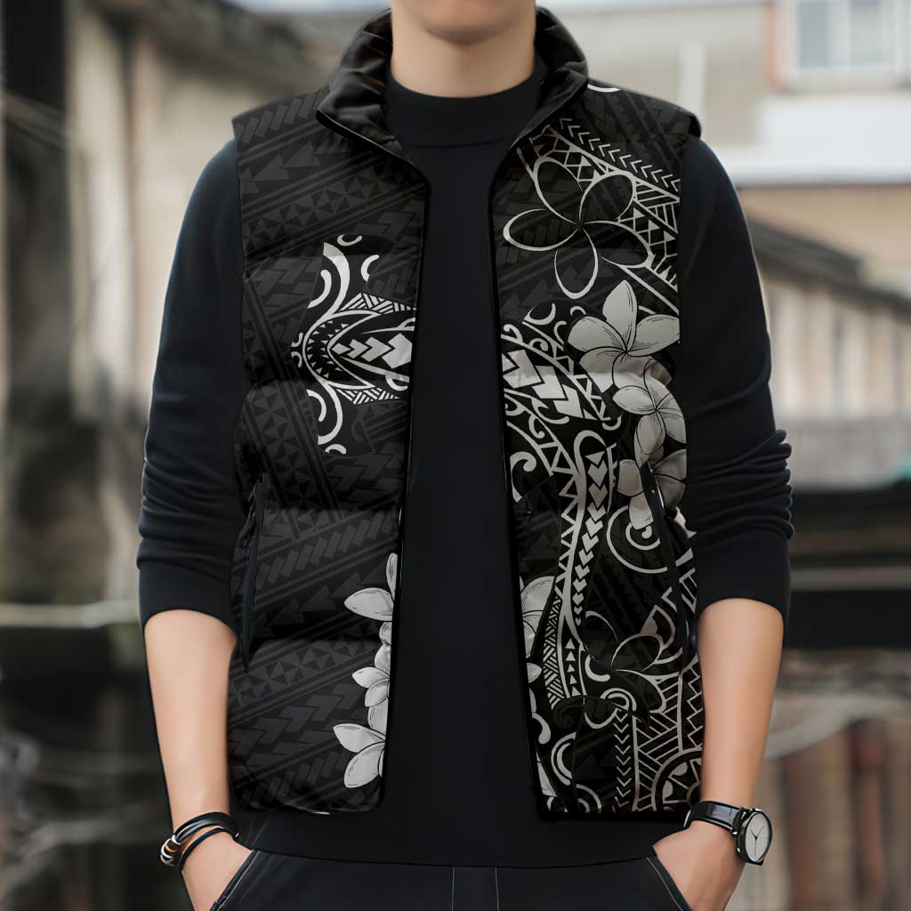 Black Hawaii Sleeveless Puffer Jacket Hammerhead Shark Tattoo Curve Polynesian - Polynesian Pride