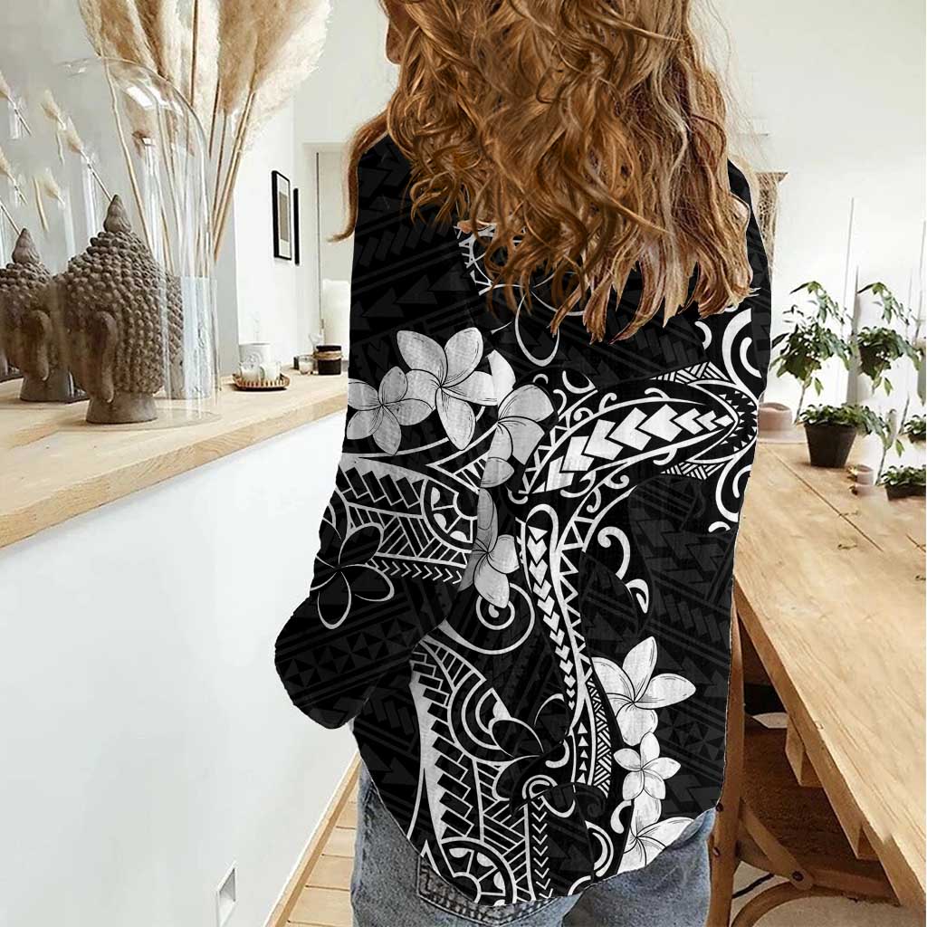 Black Hawaii Women Casual Shirt Hammerhead Shark Tattoo Curve Polynesian - Polynesian Pride