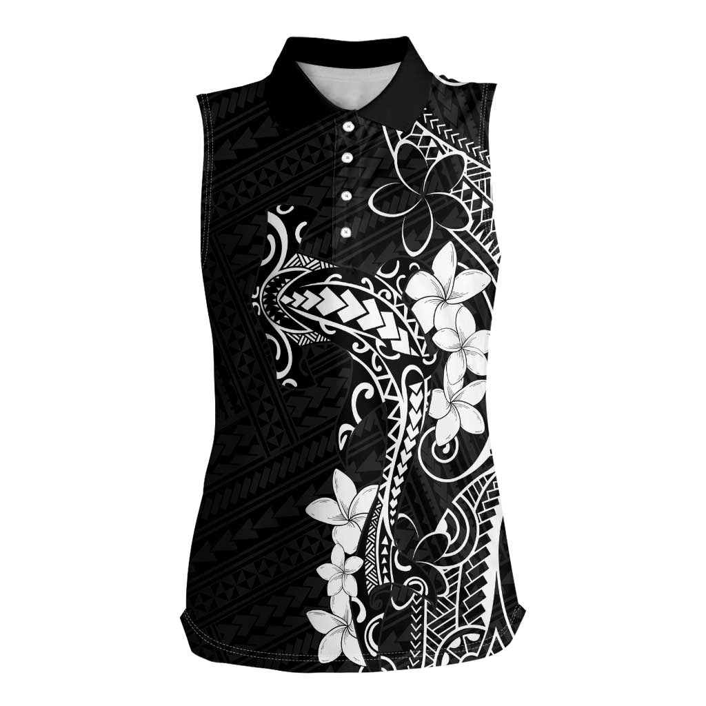 Black Hawaii Women Sleeveless Polo Shirt Hammerhead Shark Tattoo Curve Polynesian - Polynesian Pride
