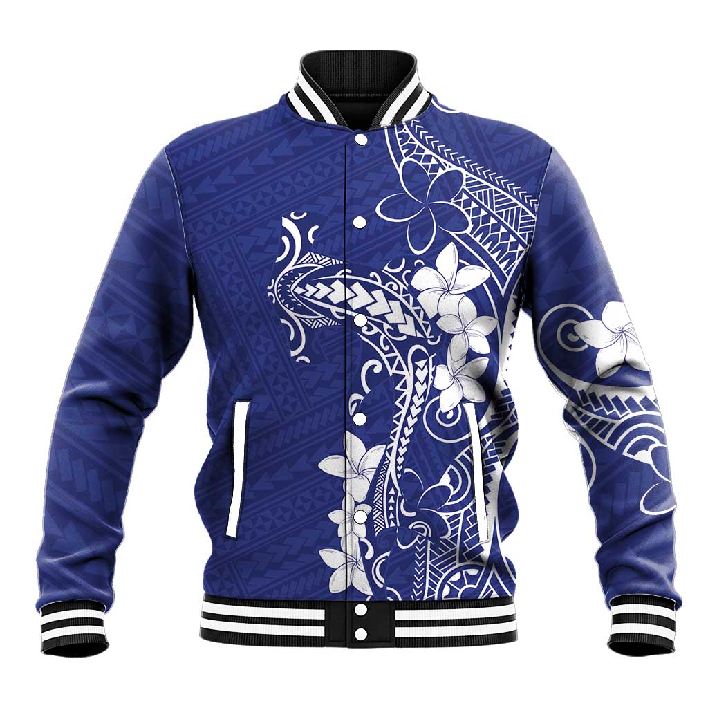 Blue Hawaii Baseball Jacket Hammerhead Shark Tattoo Curve Polynesian - Polynesian Pride