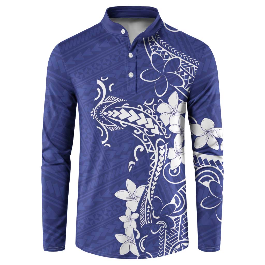 Blue Hawaii Button Sweatshirt Hammerhead Shark Tattoo Curve Polynesian - Polynesian Pride