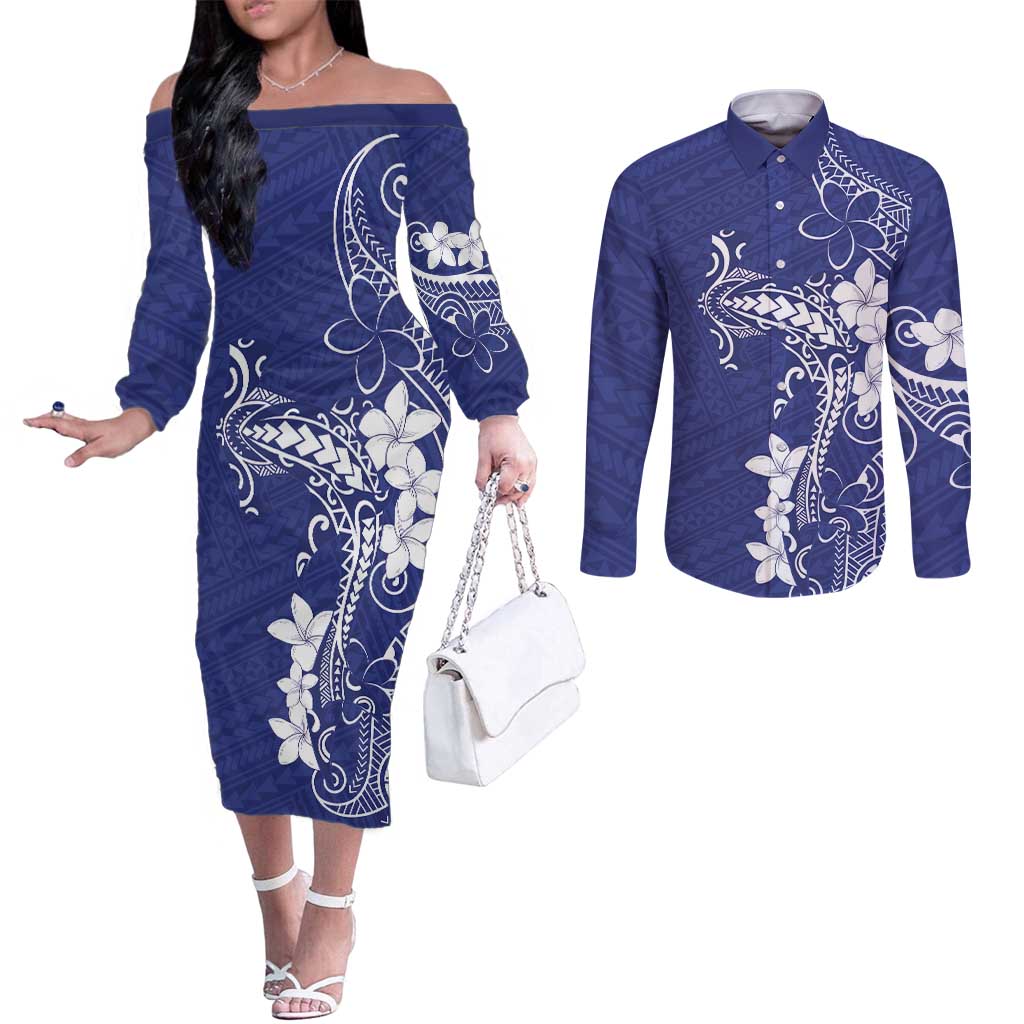 Blue Hawaii Couples Matching Off The Shoulder Long Sleeve Dress and Long Sleeve Button Shirt Hammerhead Shark Tattoo Curve Polynesian - Polynesian Pride