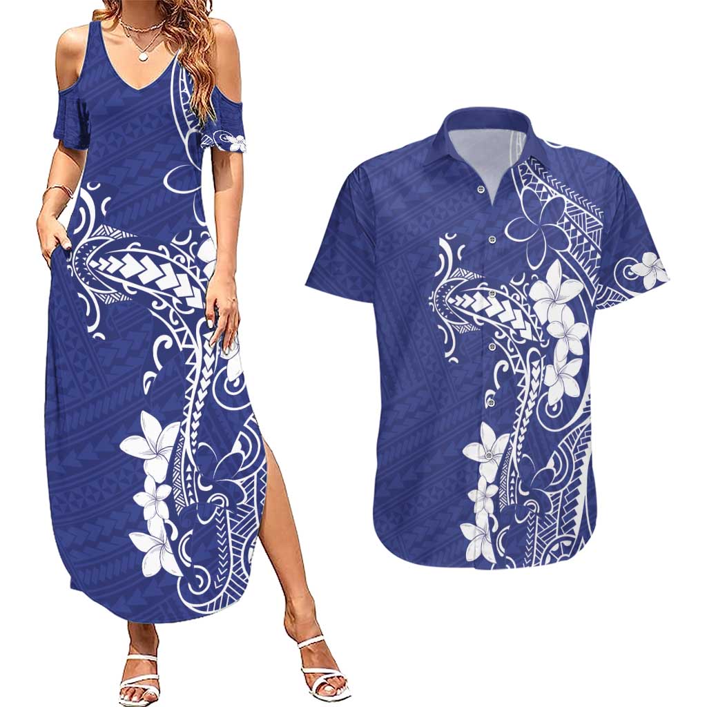 Blue Hawaii Couples Matching Summer Maxi Dress and Hawaiian Shirt Hammerhead Shark Tattoo Curve Polynesian - Polynesian Pride