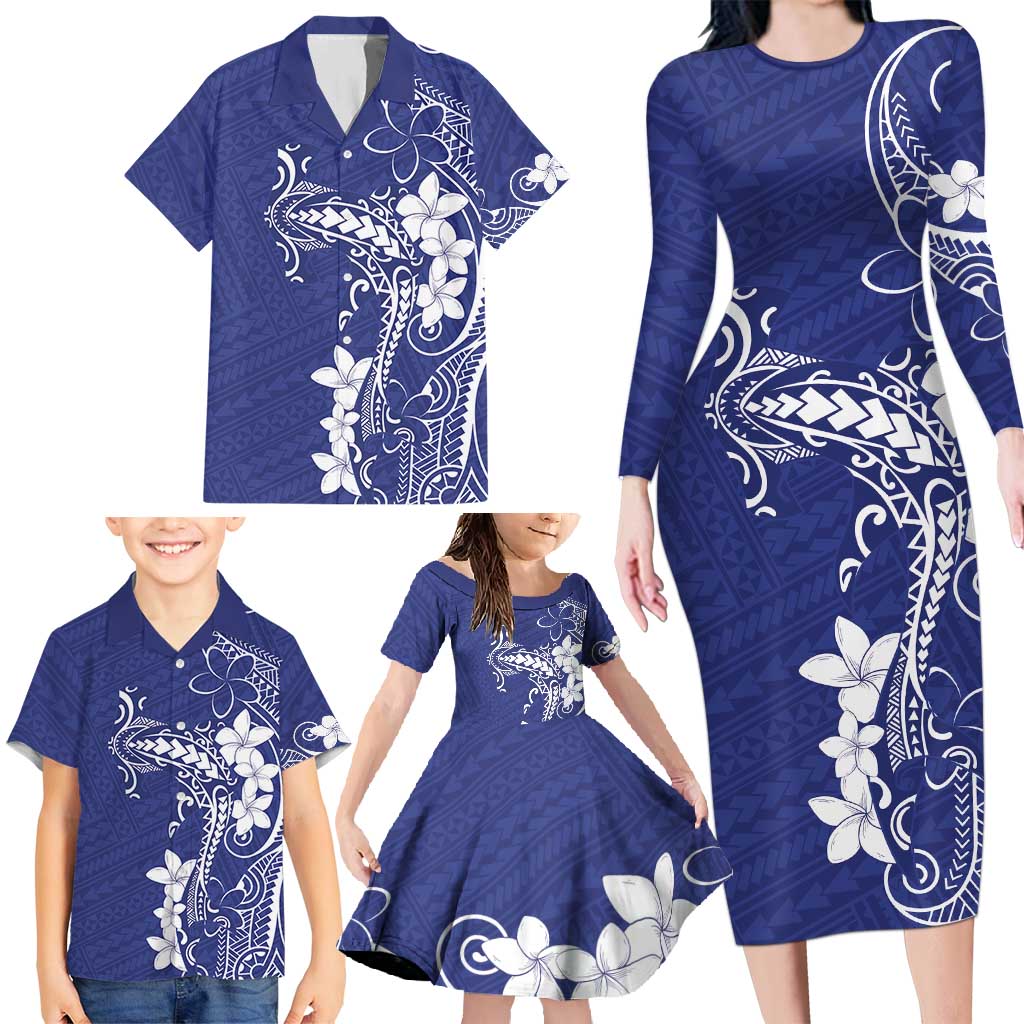 Blue Hawaii Family Matching Long Sleeve Bodycon Dress and Hawaiian Shirt Hammerhead Shark Tattoo Curve Polynesian LT14 - Polynesian Pride