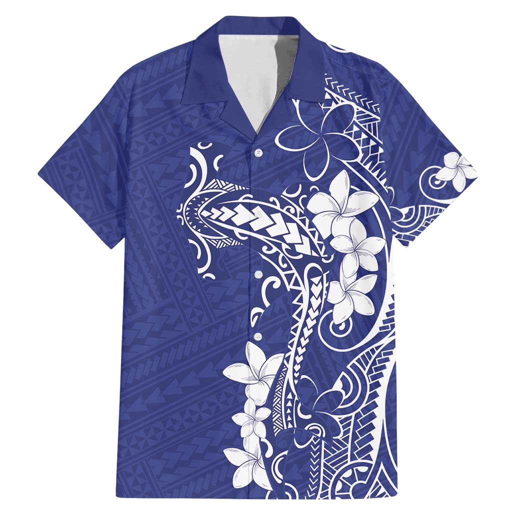 Blue Hawaii Family Matching Mermaid Dress and Hawaiian Shirt Hammerhead Shark Tattoo Curve Polynesian LT14 Dad's Shirt - Short Sleeve Blue - Polynesian Pride