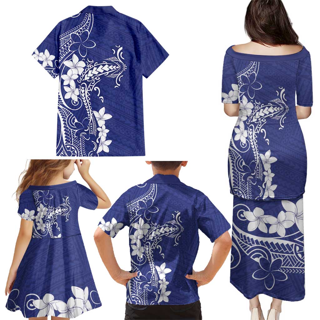 Blue Hawaii Family Matching Puletasi and Hawaiian Shirt Hammerhead Shark Tattoo Curve Polynesian - Polynesian Pride