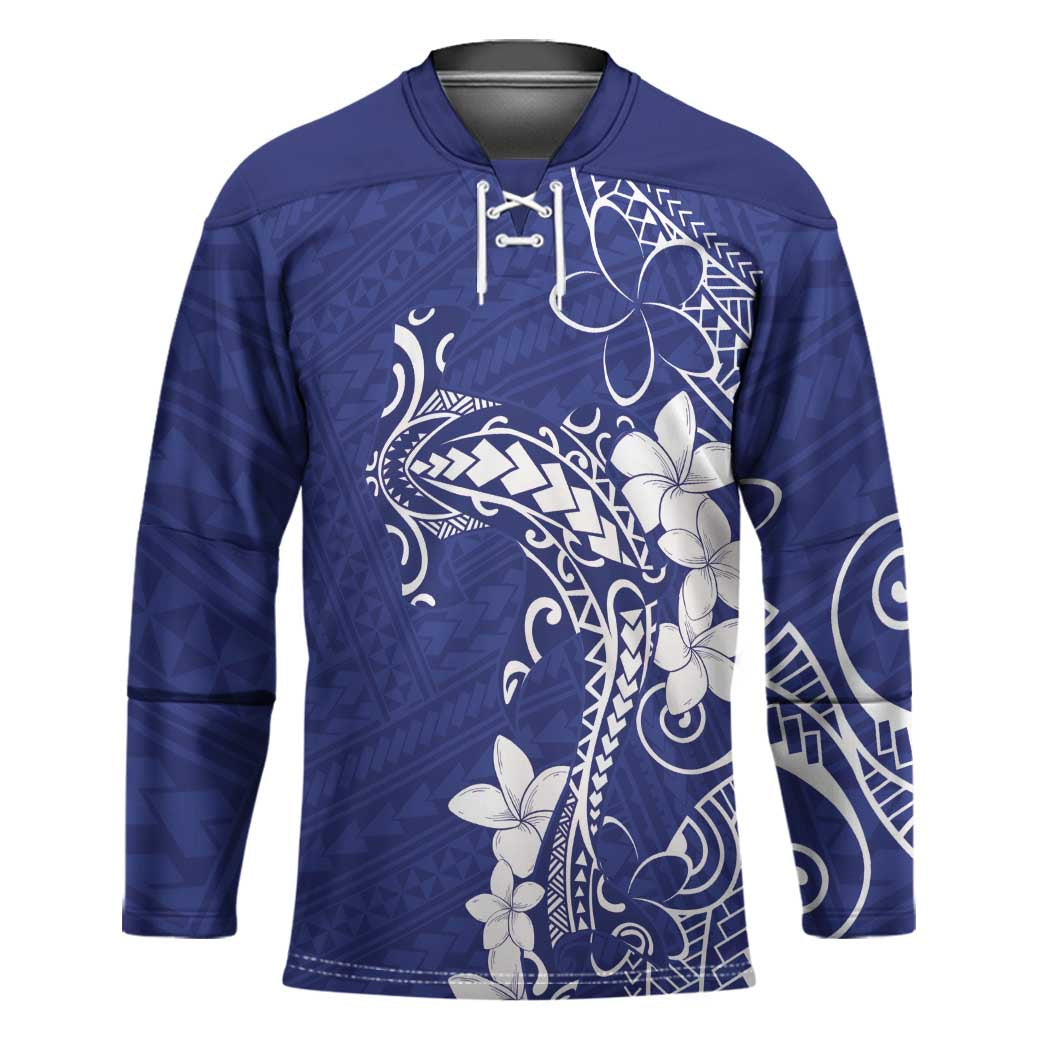 Blue Hawaii Hockey Jersey Hammerhead Shark Tattoo Curve Polynesian - Polynesian Pride