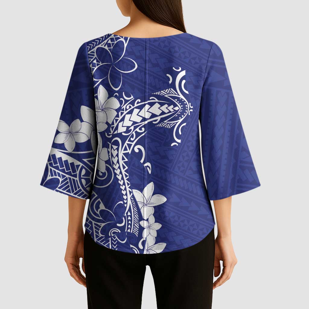 Blue Hawaii Kimono Sleeve Blouse Hammerhead Shark Tattoo Curve Polynesian - Polynesian Pride