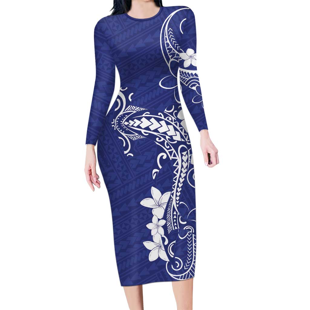 Blue Hawaii Long Sleeve Bodycon Dress Hammerhead Shark Tattoo Curve Polynesian - Polynesian Pride