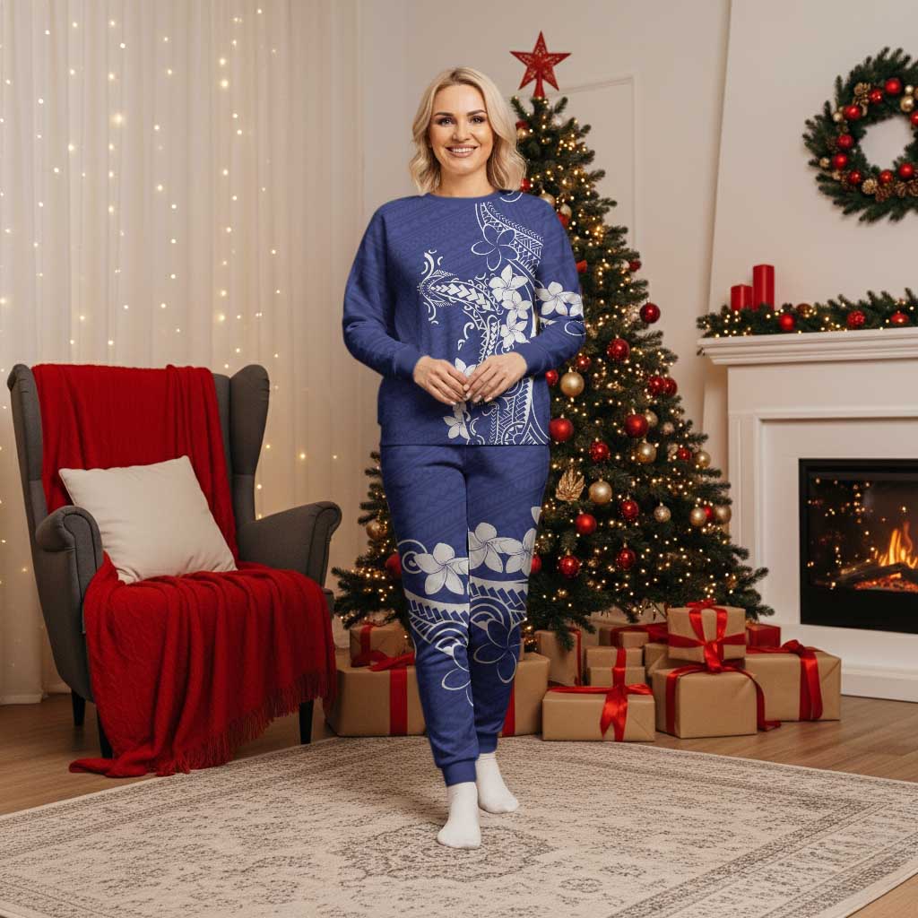 Blue Hawaii Christmas Pajama Set Hammerhead Shark Tattoo Curve Polynesian - Polynesian Pride