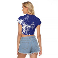 Blue Hawaii Raglan Cropped T Shirt Hammerhead Shark Tattoo Curve Polynesian - Polynesian Pride