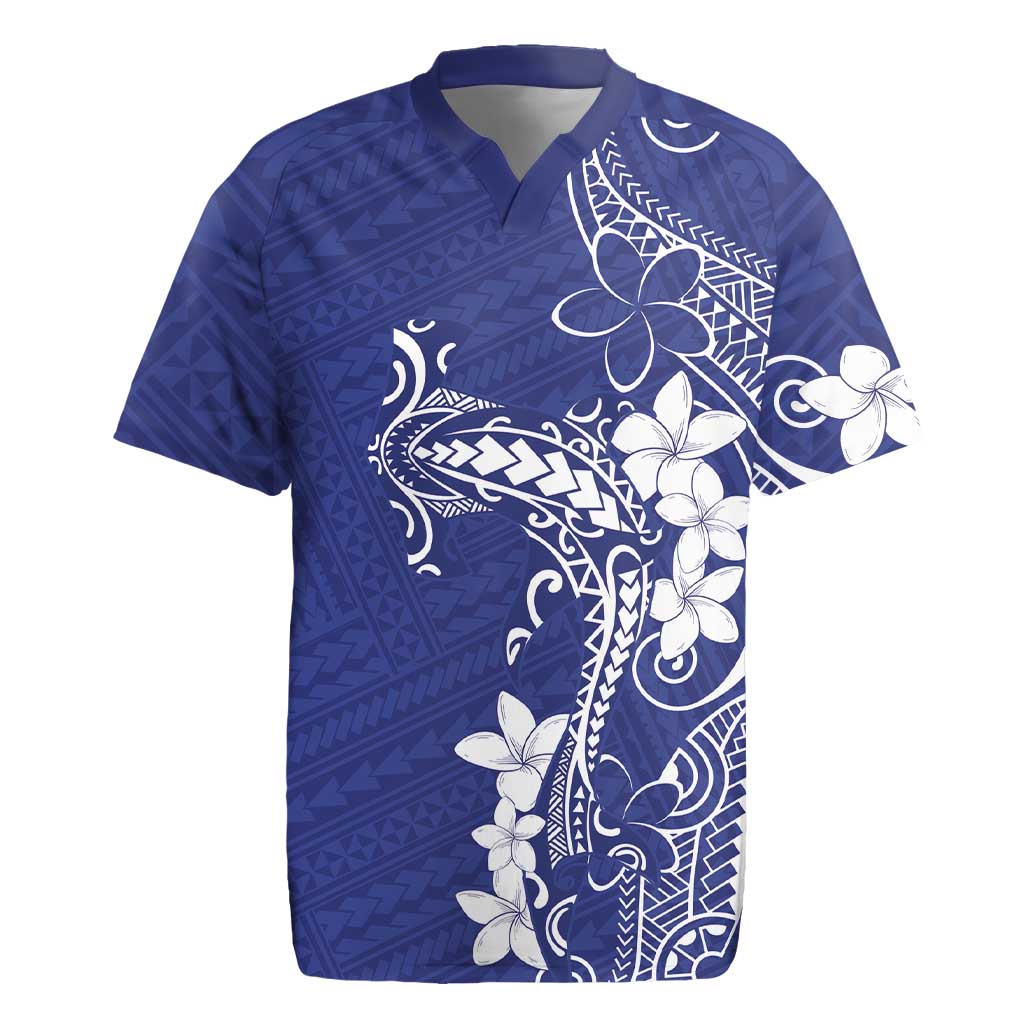 Blue Hawaii Rugby Jersey Hammerhead Shark Tattoo Curve Polynesian - Polynesian Pride