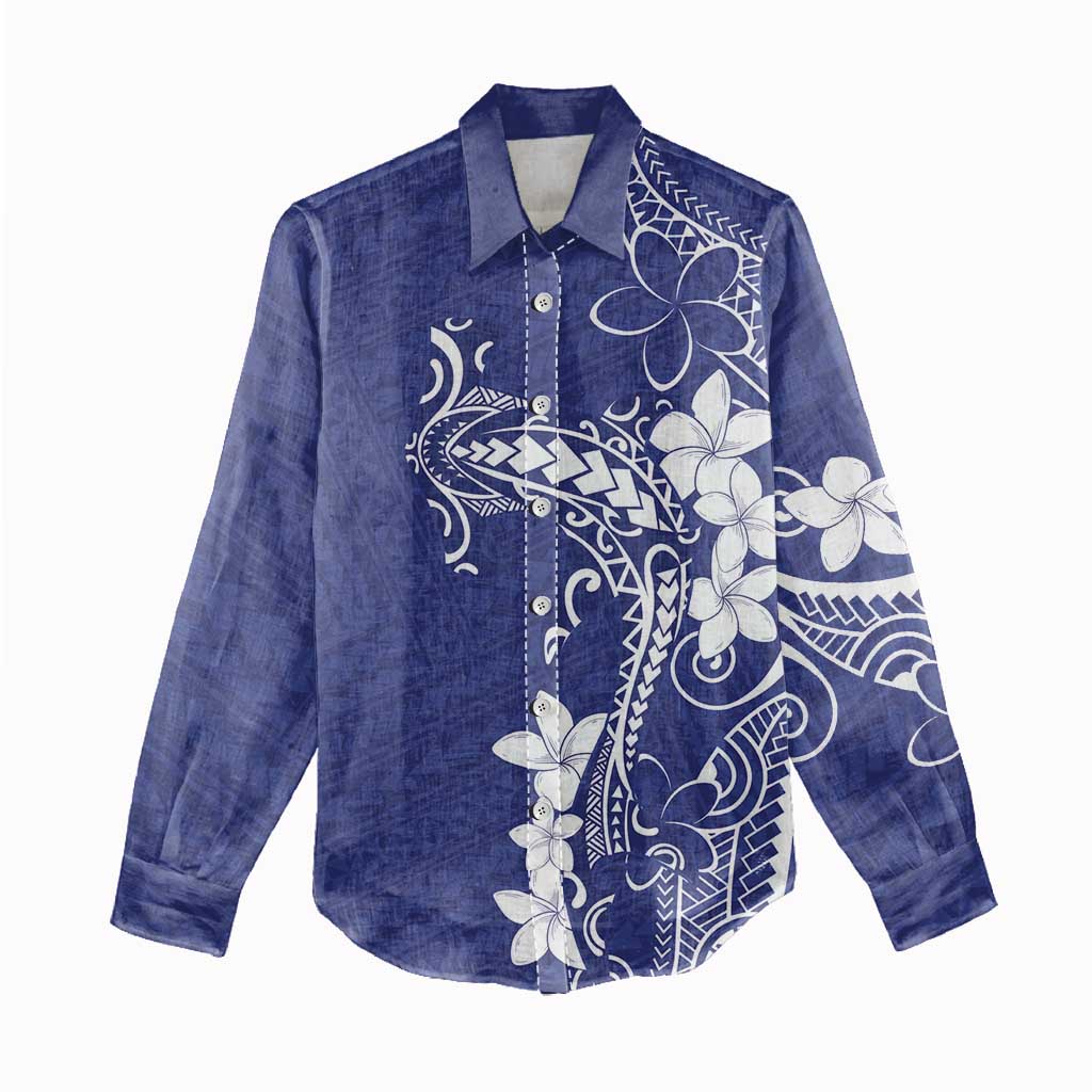 Blue Hawaii Women Casual Shirt Hammerhead Shark Tattoo Curve Polynesian - Polynesian Pride