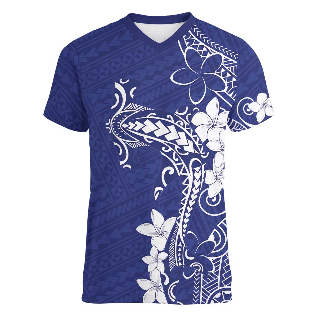 Blue Hawaii Women V-Neck T-Shirt Hammerhead Shark Tattoo Curve Polynesian - Polynesian Pride
