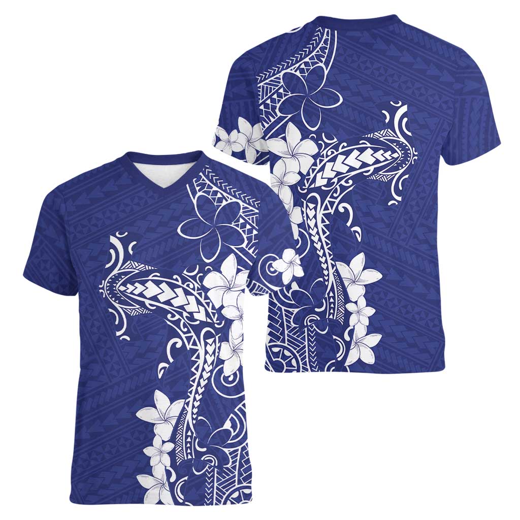 Blue Hawaii Women V-Neck T-Shirt Hammerhead Shark Tattoo Curve Polynesian - Polynesian Pride