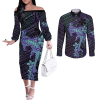 Purple Paradise Hawaii Couples Matching Off The Shoulder Long Sleeve Dress and Long Sleeve Button Shirt Hammerhead Shark Tattoo Curve Polynesian LT14 Purple - Polynesian Pride