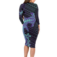 Purple Paradise Hawaii Family Matching Long Sleeve Bodycon Dress and Hawaiian Shirt Hammerhead Shark Tattoo Curve Polynesian LT14 - Polynesian Pride