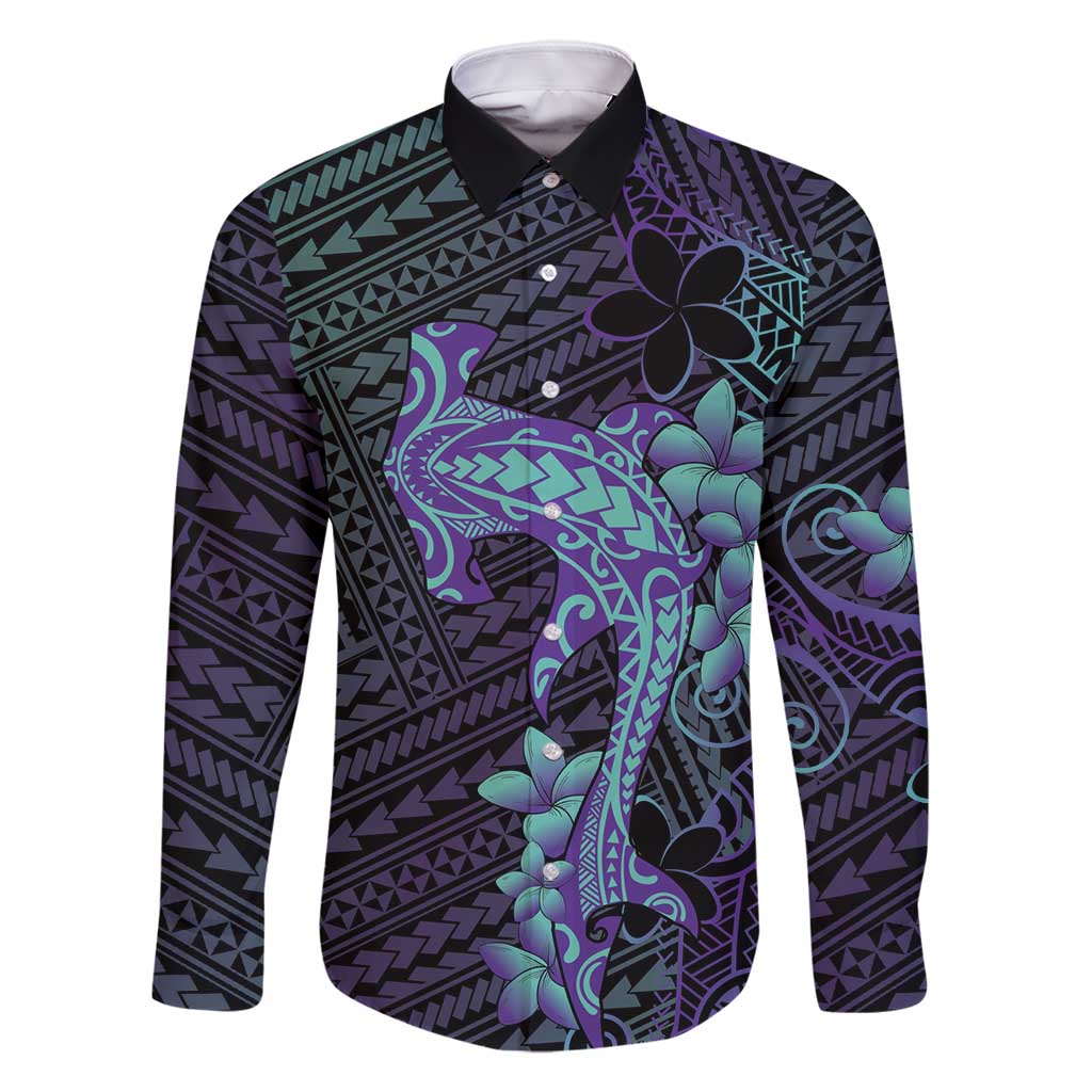 Purple Paradise Hawaii Family Matching Mermaid Dress and Hawaiian Shirt Hammerhead Shark Tattoo Curve Polynesian LT14 Dad's Shirt - Long Sleeve Purple - Polynesian Pride