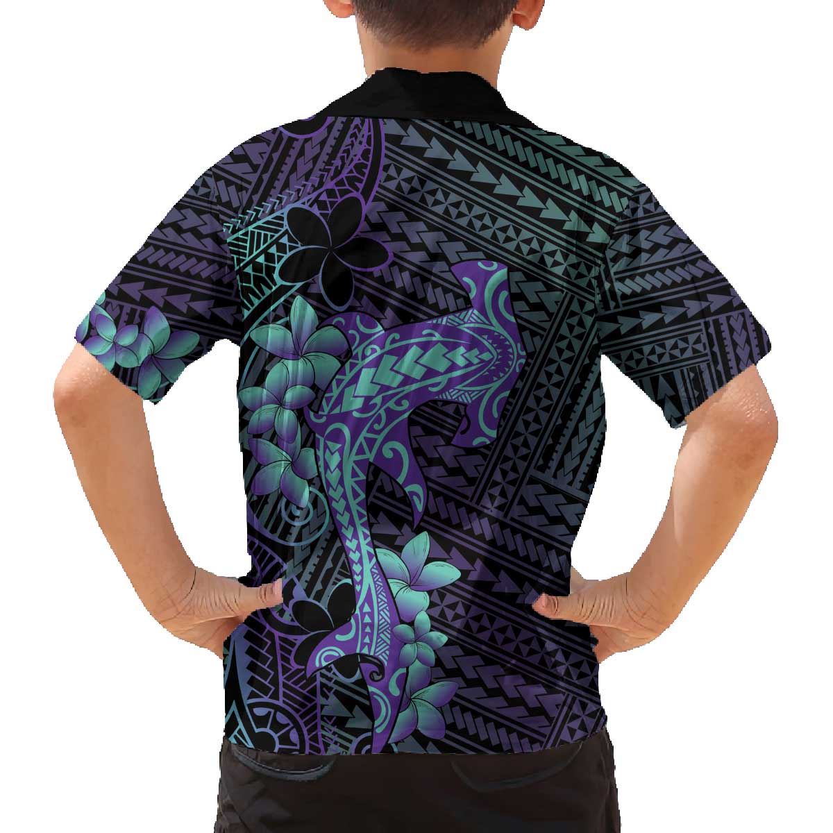 Purple Paradise Hawaii Family Matching Off The Shoulder Long Sleeve Dress and Hawaiian Shirt Hammerhead Shark Tattoo Curve Polynesian - Polynesian Pride