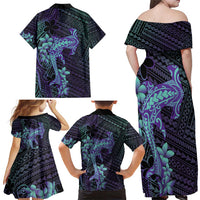 Purple Paradise Hawaii Family Matching Off Shoulder Maxi Dress and Hawaiian Shirt Hammerhead Shark Tattoo Curve Polynesian - Polynesian Pride